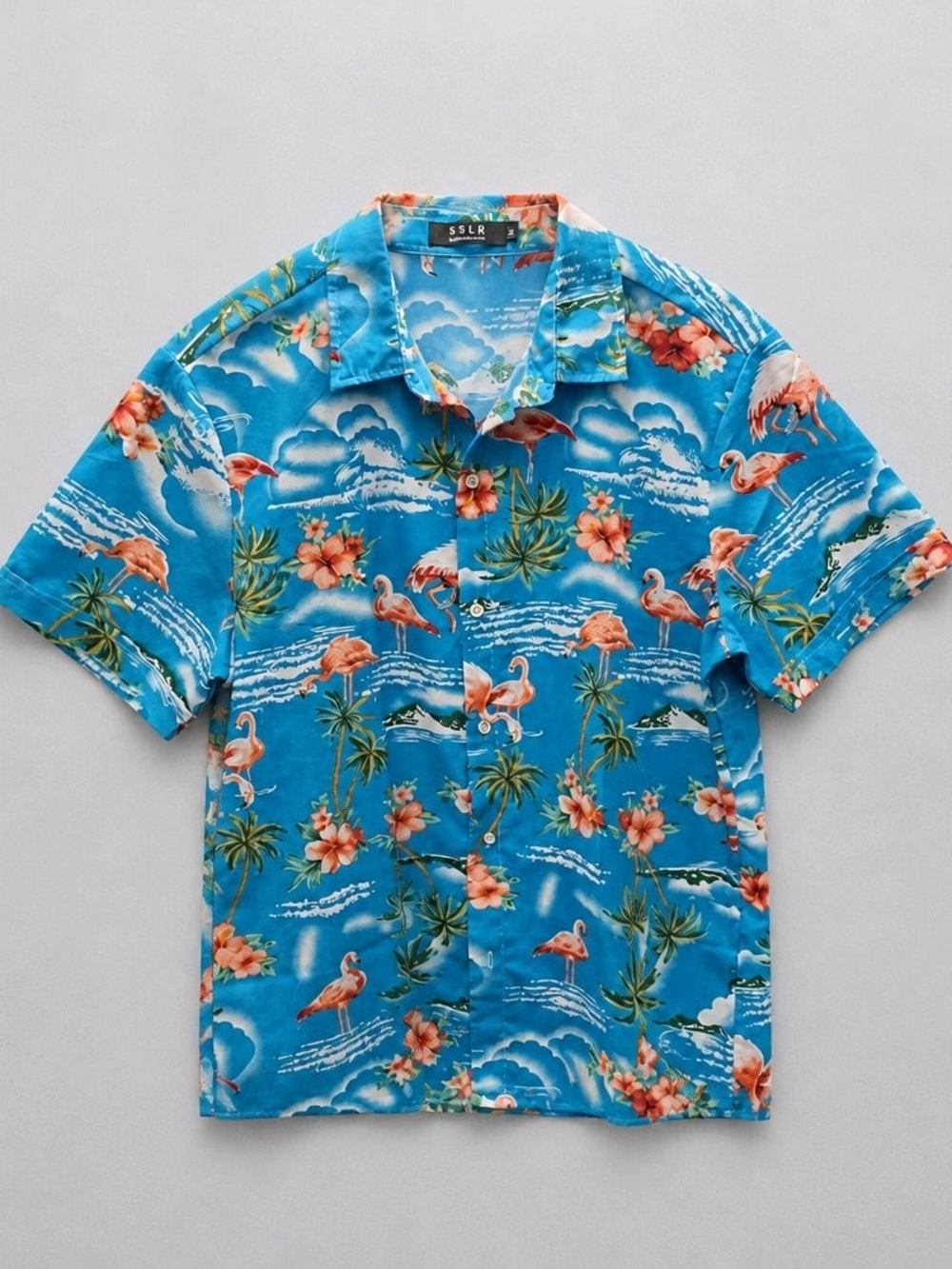 SSLR Men's Flamingo Floral Hawaiian Casual Button-Down Shirt in Sky Blue